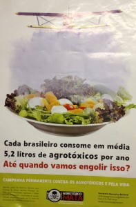 A poster produced by the MST stating "Every Brazilian consumes on average about 5.2 liters of pesticides a year. How long are will we swallow this?"