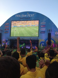 The opening kick off is seen on a giant screen at the FIFA FAN FEST in Sao Paulo, Brazil on Thursday June 12, 2014. 